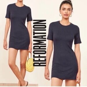 Reformation Gigi Ribbed‎ T-Shirt Dress Mini Short Sleeve Navy Blue Casual Medium